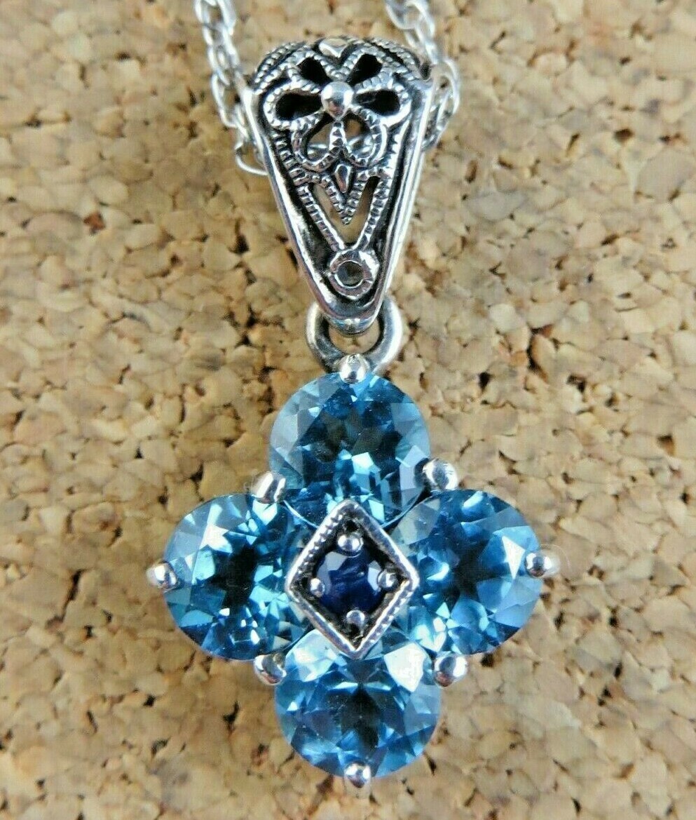 Blue Topaz & Sapphire Filigree Pendant 18″ Sterling Silver Chain Necklace #741