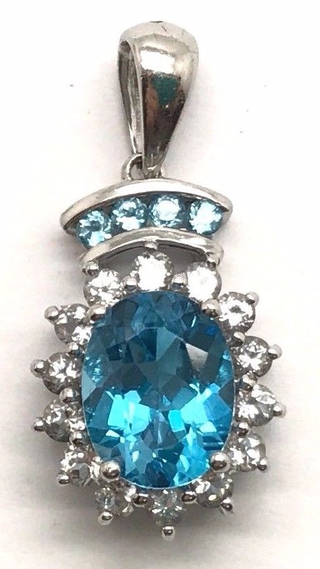 Sterling Silver 925 Oval Swiss Blue Topaz Pave – CZ Burst Flower Halo Pendant