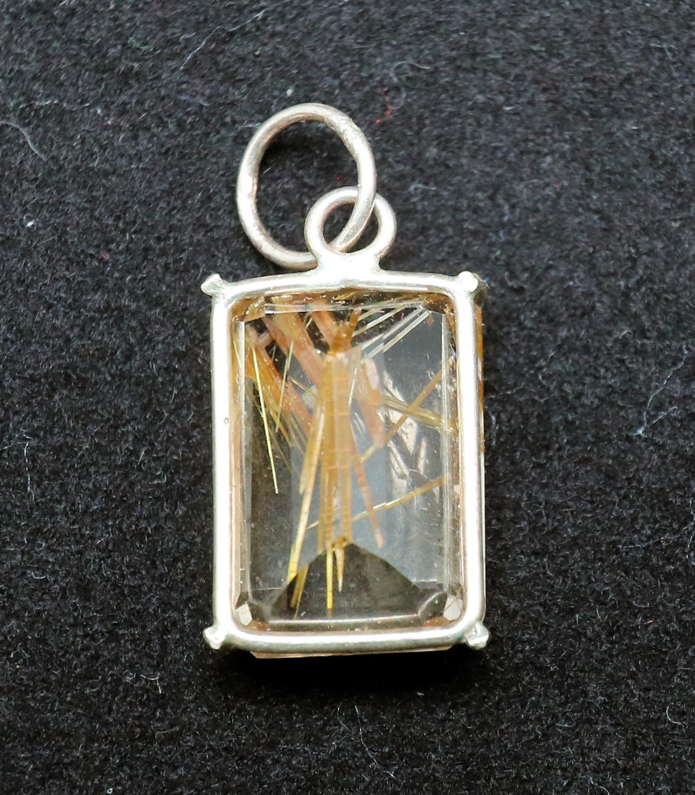 Vintage Rutilated Quartz Faceted Gold Pendant 3/4 x 1/2 x 1/2 Inch
