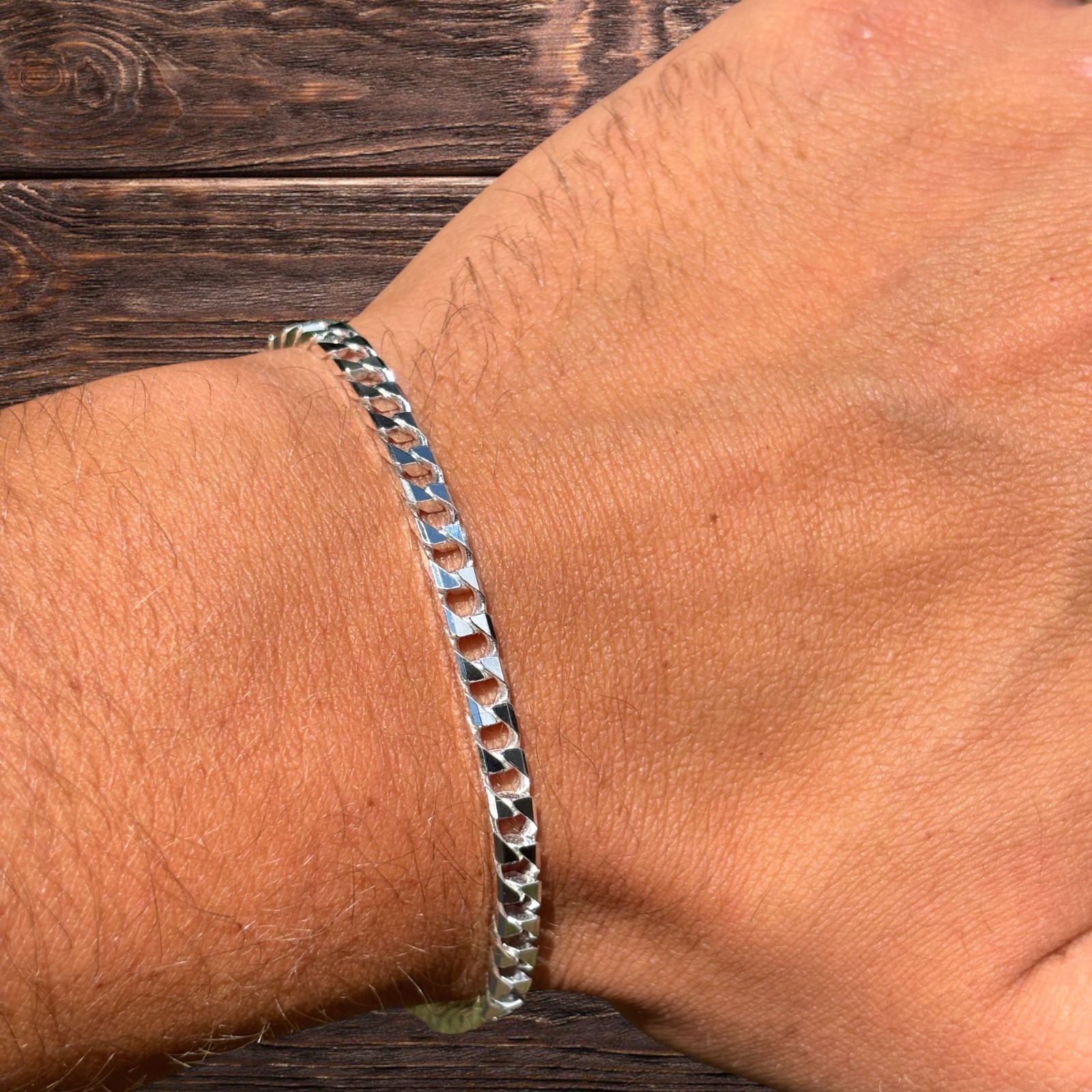 4mm Square Curb Link Bracelet – Real Solid 925 Sterling Silver MADE IN ITALY