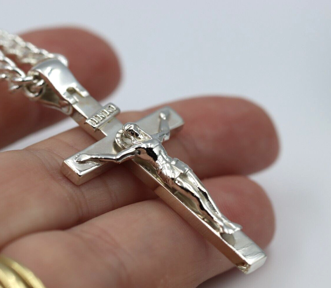 Genuine Sterling Silver Solid Heavy Crucifix Cross Pendant + 70cm Necklace Chain