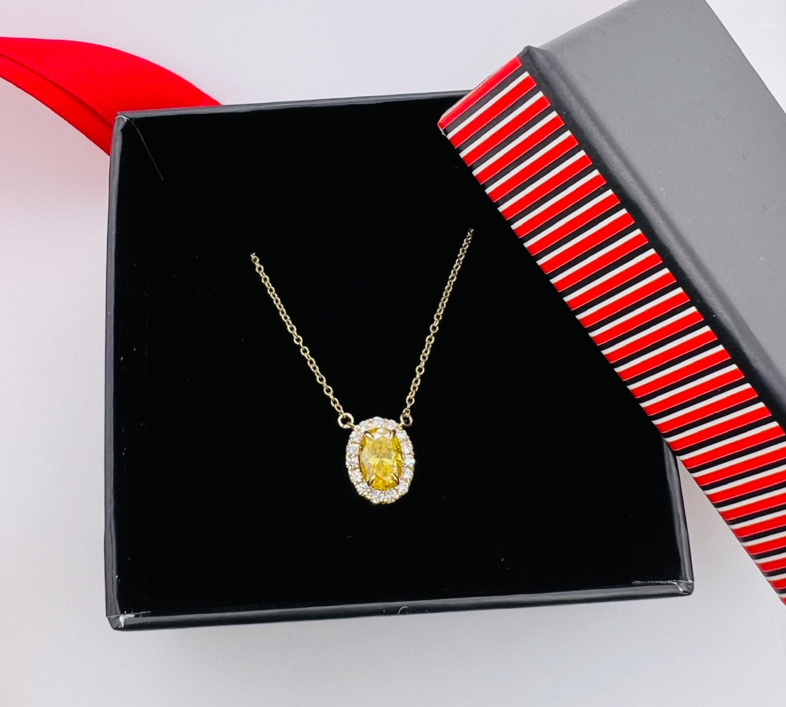 1.50ctw Double Halo Oval Fancy Yellow Diamond Necklace 14K Solid Yellow Gold