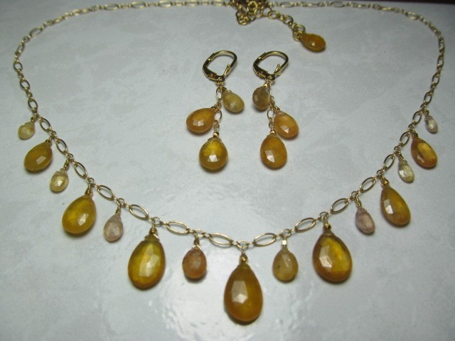 Sri Lanka Golden SAPPHIRE faceted briolette beads 14k Gold Filled Necklace set