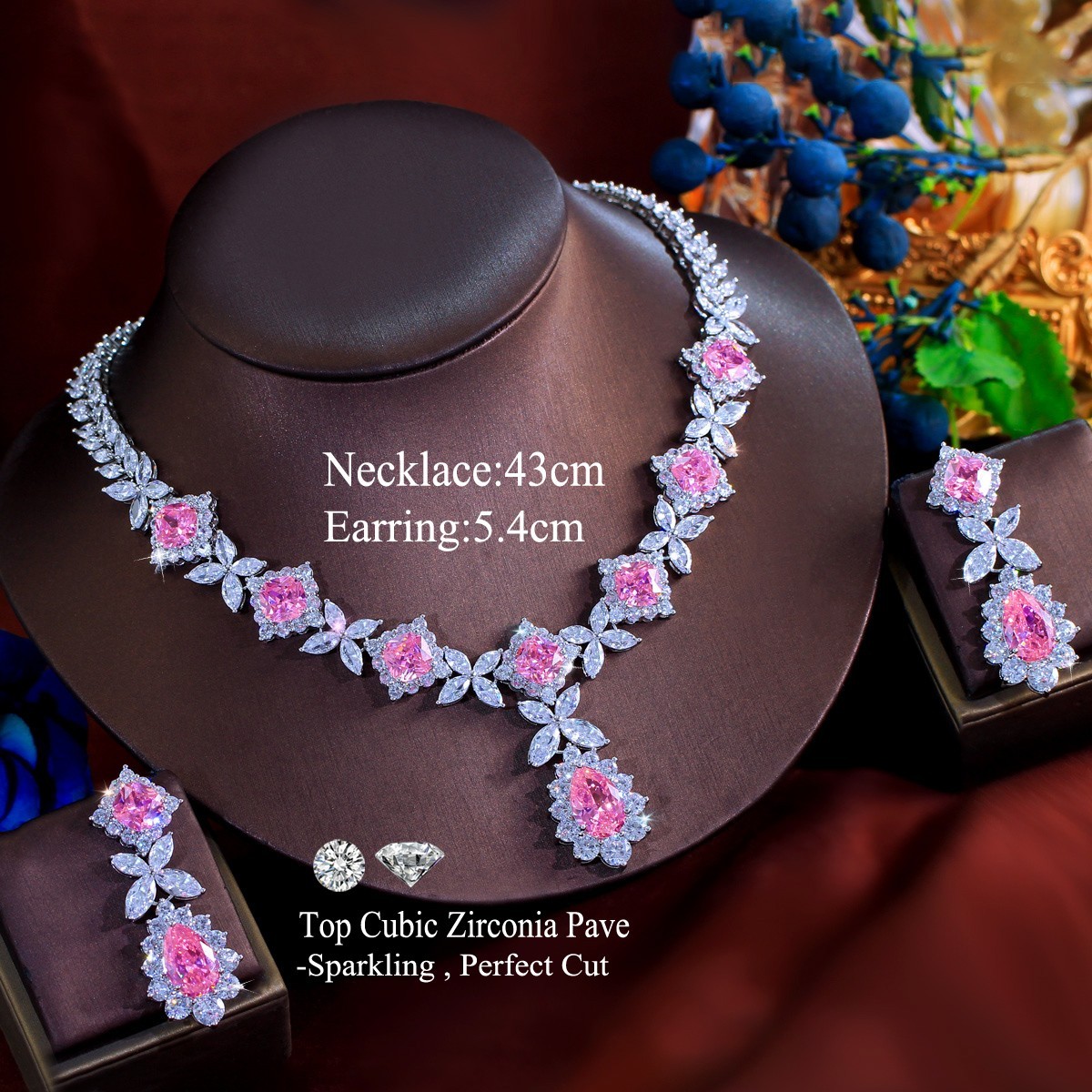 Pink Sapphire Crystal Necklace & Earrings Set Silver Tone Bridal Statement Jew
