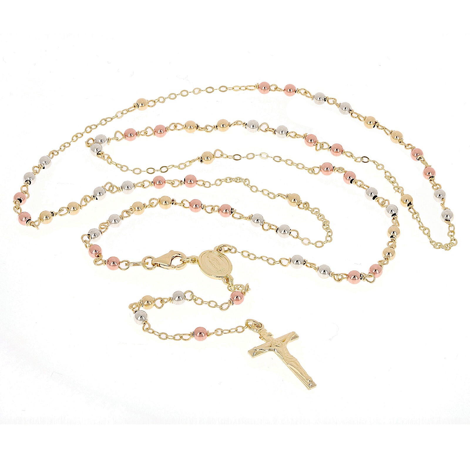 Italian 14k Tri Color Gold Miraculous Medal Rosary Necklace 26″ 4mm 9 grams