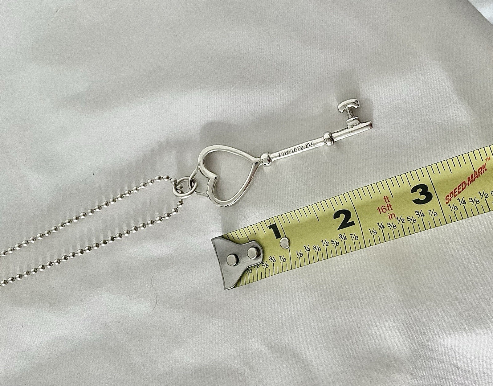 Tiffany & Co. 925 Sterling Silver Heart Key Pendant Ball Chain Necklace