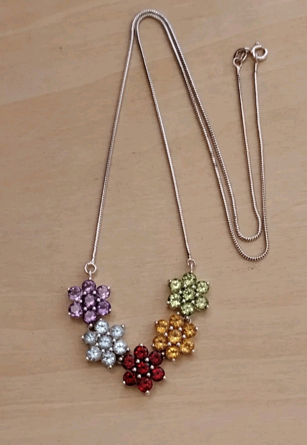 Thai Sterling Silver 925 Multi-Gem Floral Necklace Garnet Amethyst Topaz 20.5″