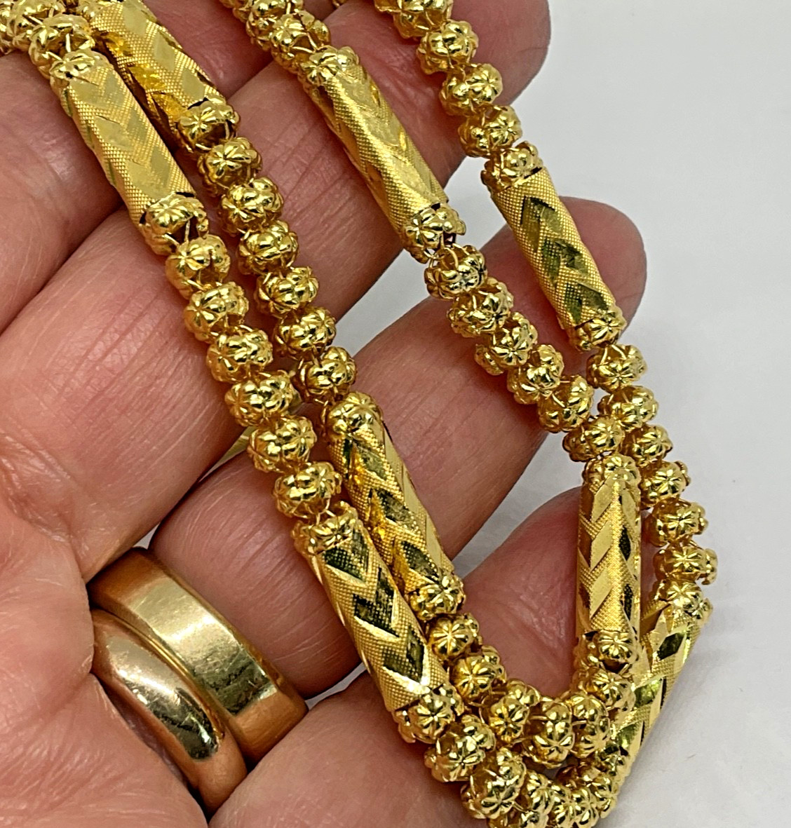Thai 23K Solid Yellow Gold Bead Bamboo Link Necklace 30.5 Grams Tested 24″ long