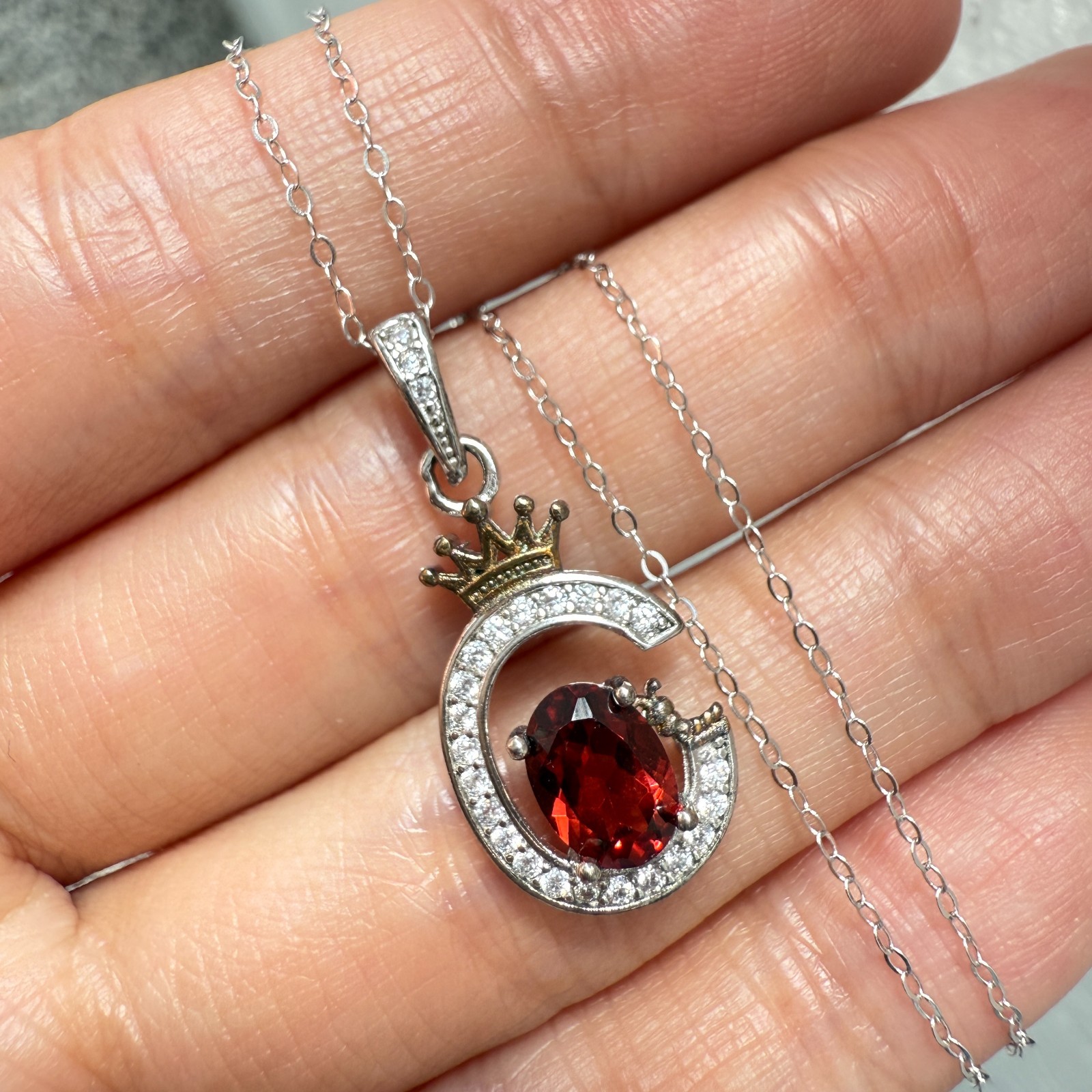 925 Sterling Silver Necklace 7x5mm Natural Garnet Zircon Crown Handmade Chain