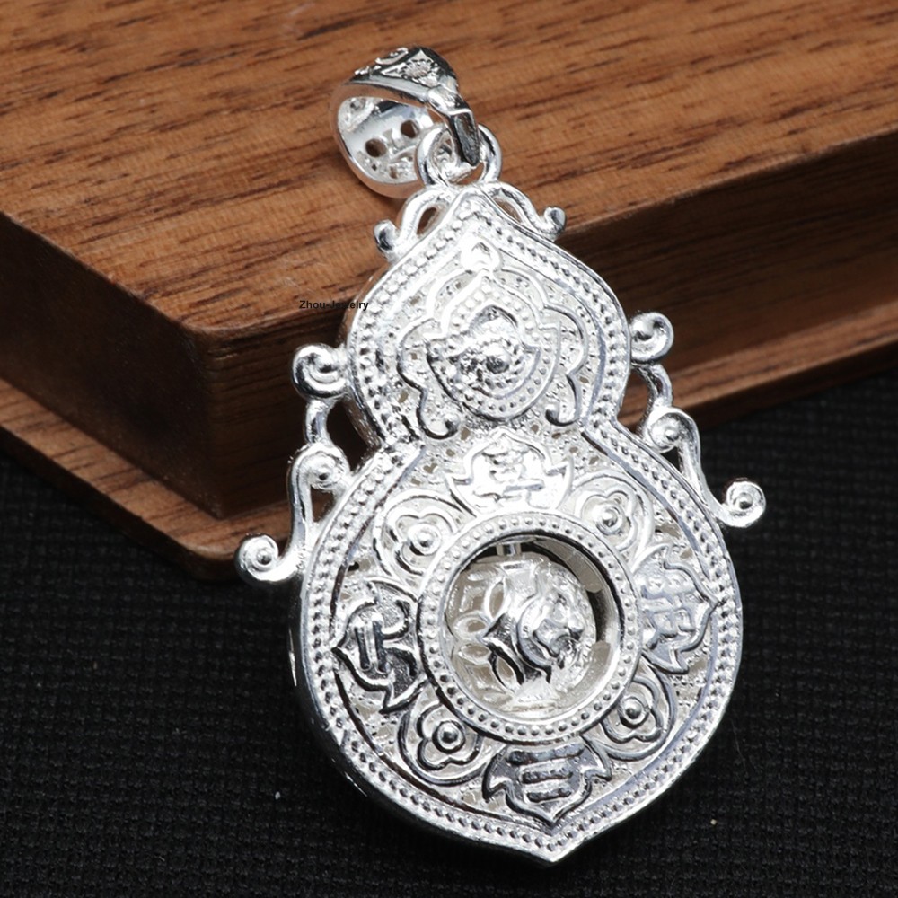 Solid 999 Fine Silver Pendant Ethnic Good Luck Gourd-shaped Pendant Amulet