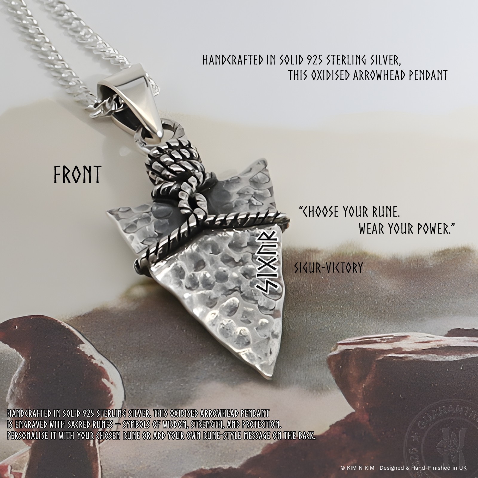 925 Silver Rune Arrowhead Necklace – Oxidised Viking Pendant