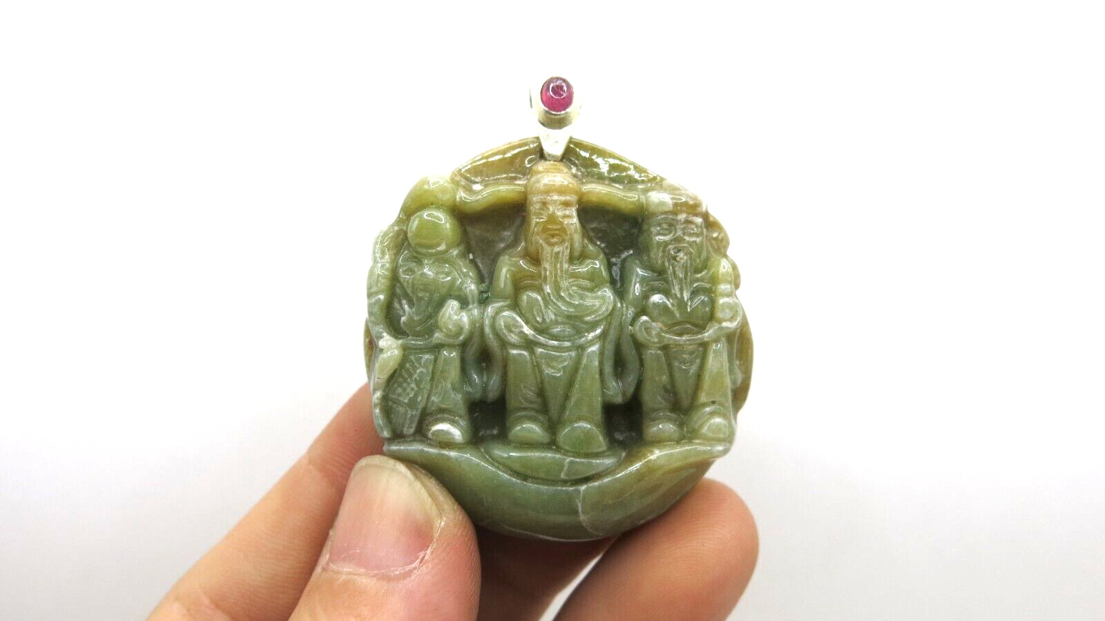 Natural Jade Pendant Carved Fu Lu Shou Three Auspicious Chinese Gods Feng Shui