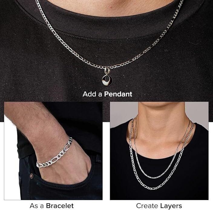 Sterling Silver Men’s Women’s Figaro Solid Chain Bracelet or Necklace 925 Italy