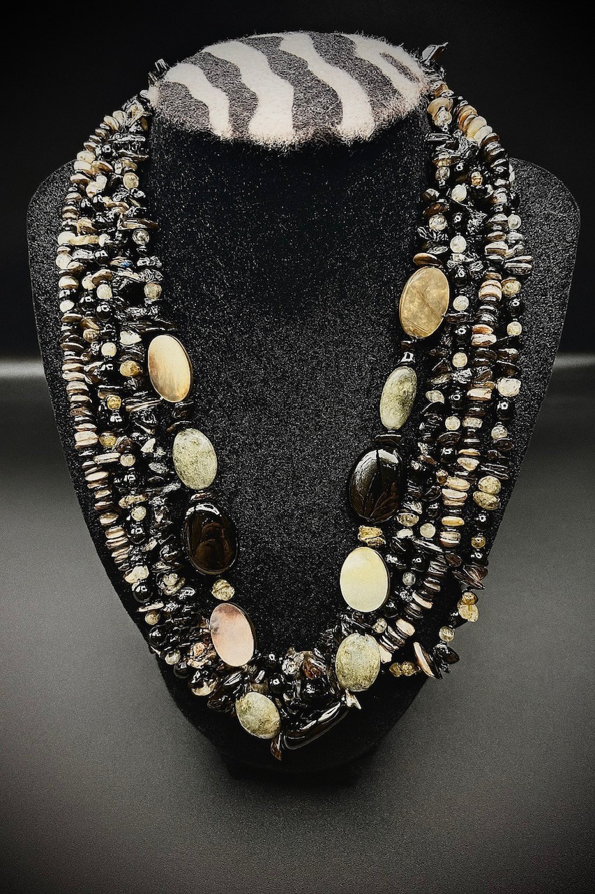 Lucas Lameth Moonstone, Shell, & Onyx Beaded Necklace 925