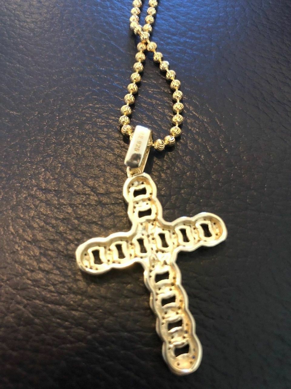 Cuban Link Cross Pendant W. Chain Sterling Silver 925 *14k Gold Plated* CZ