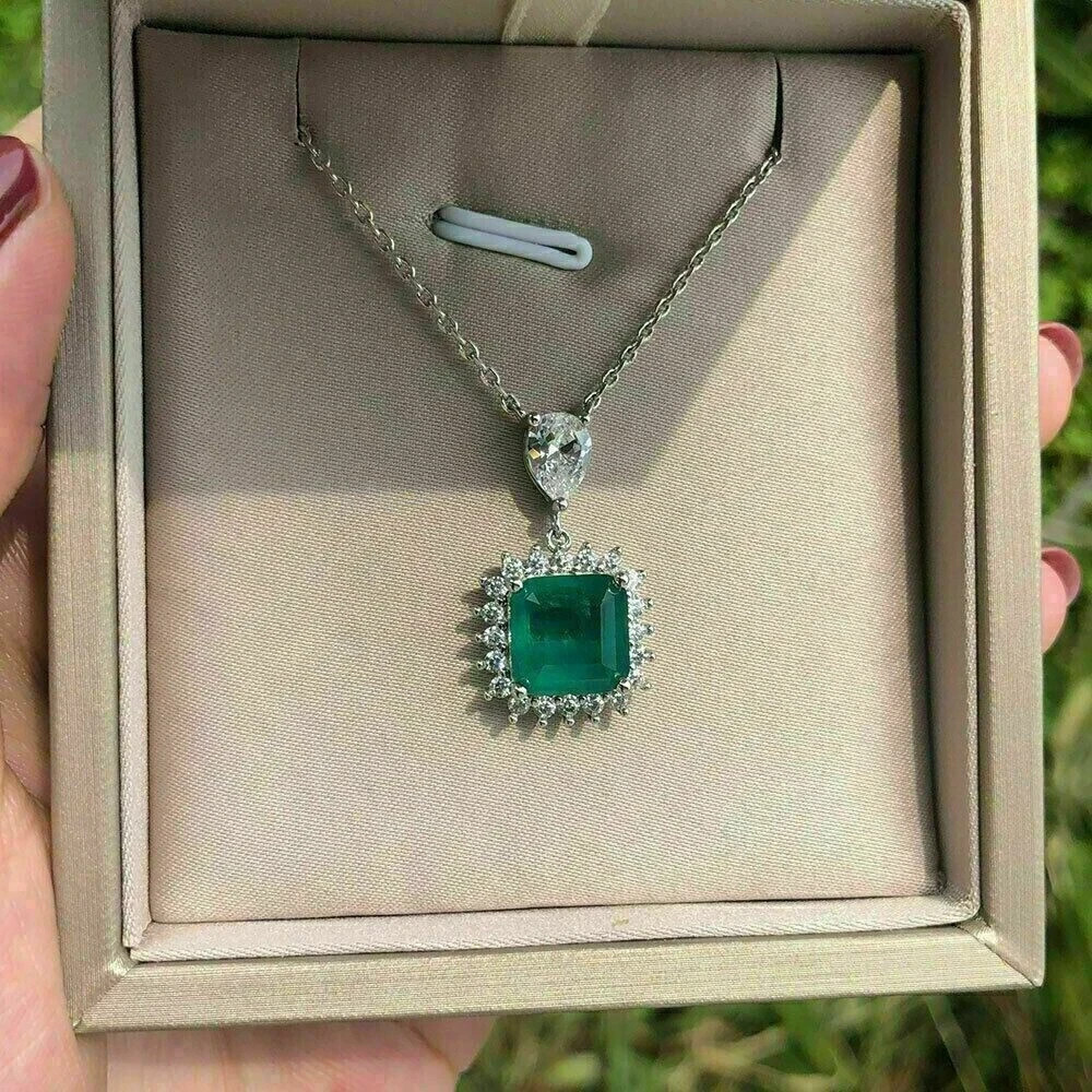 3Ct Asscher Cut Lab Created 14K White Gold Plated Emerald Halo Pendant Necklace