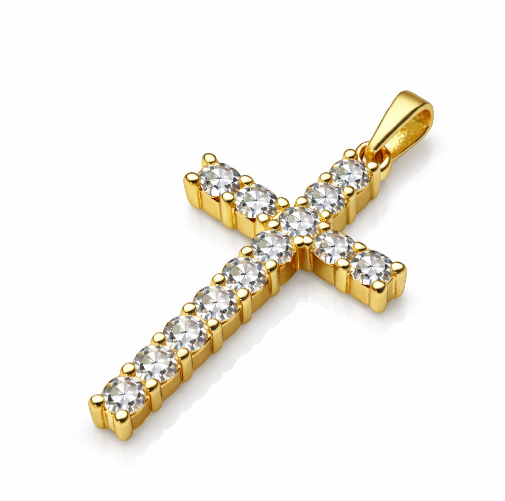 Italian 1/200 14k Yellow Gold CZ Cross Pendant Necklace Catholic Religious