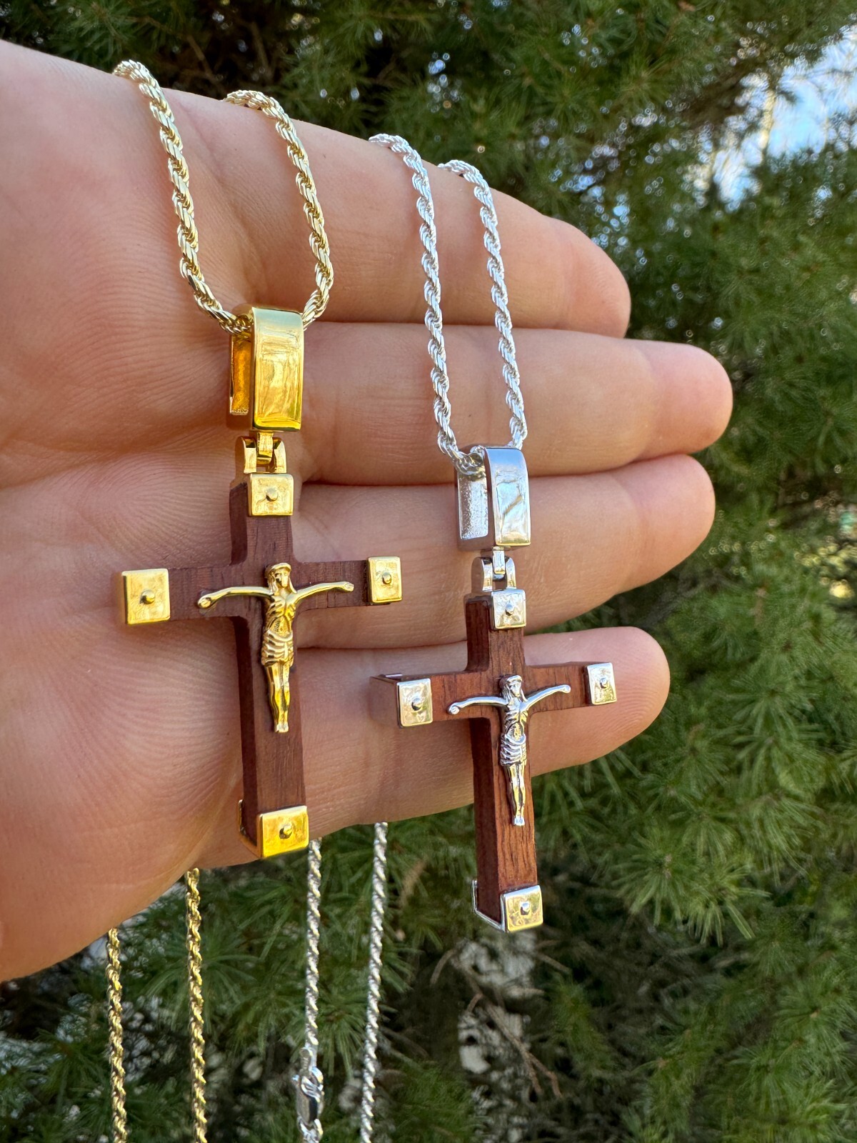 Small Plain Real 925 Silver & Natural Wood Jesus Cross Pendant Necklace 1.25″