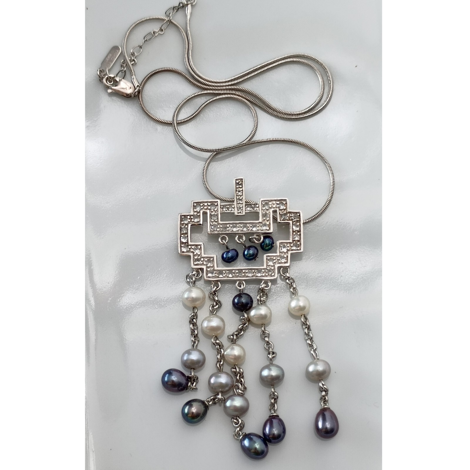 925 Sterling Silver & Pearl Deco Style Dangle Pendant Necklace 19″