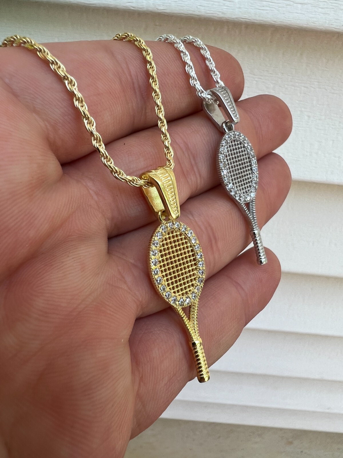 Real 925 Silver 14k Gold Plated Tennis Racket Pendant Necklace Mens Ladies CZ