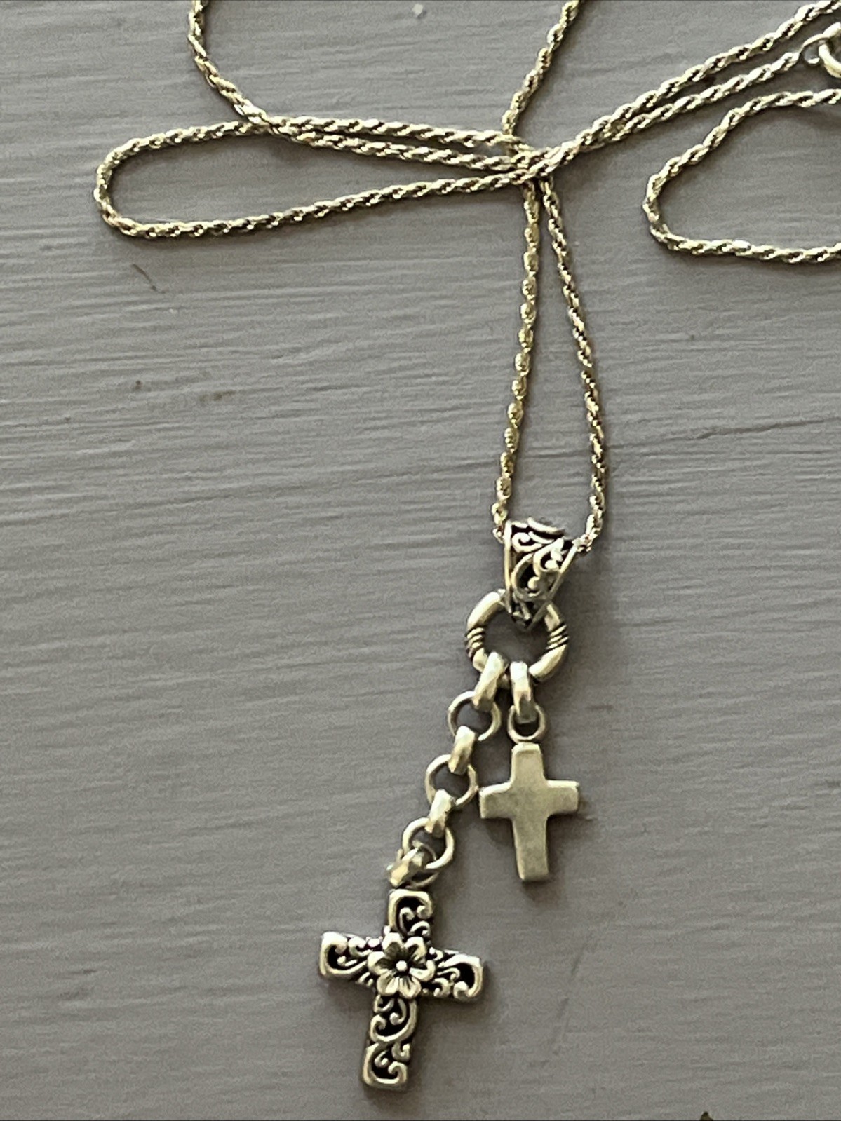 Sterling Silver Floral Double Cross On 20” 925 Twisted Chain
