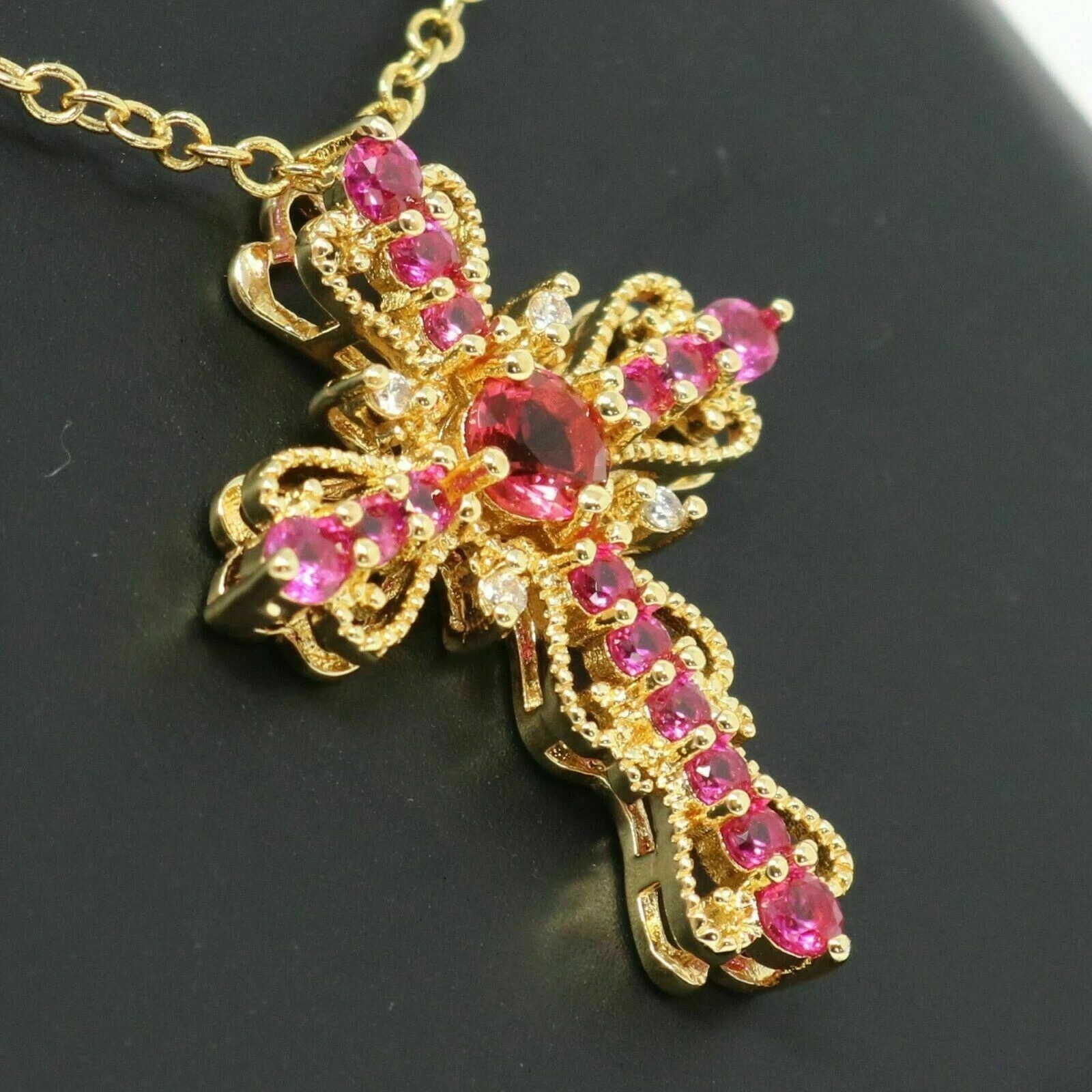 3Ct Round Cut Red Ruby Diamond Cross Pendant 14K Yellow Gold Over 18″Free Chain