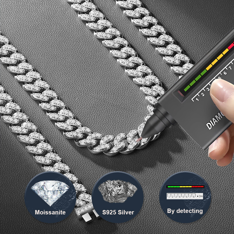 MOISSANITE Miami Cuban Link Prong Chain Iced Hip Hop 925 Silver Necklace 8mm