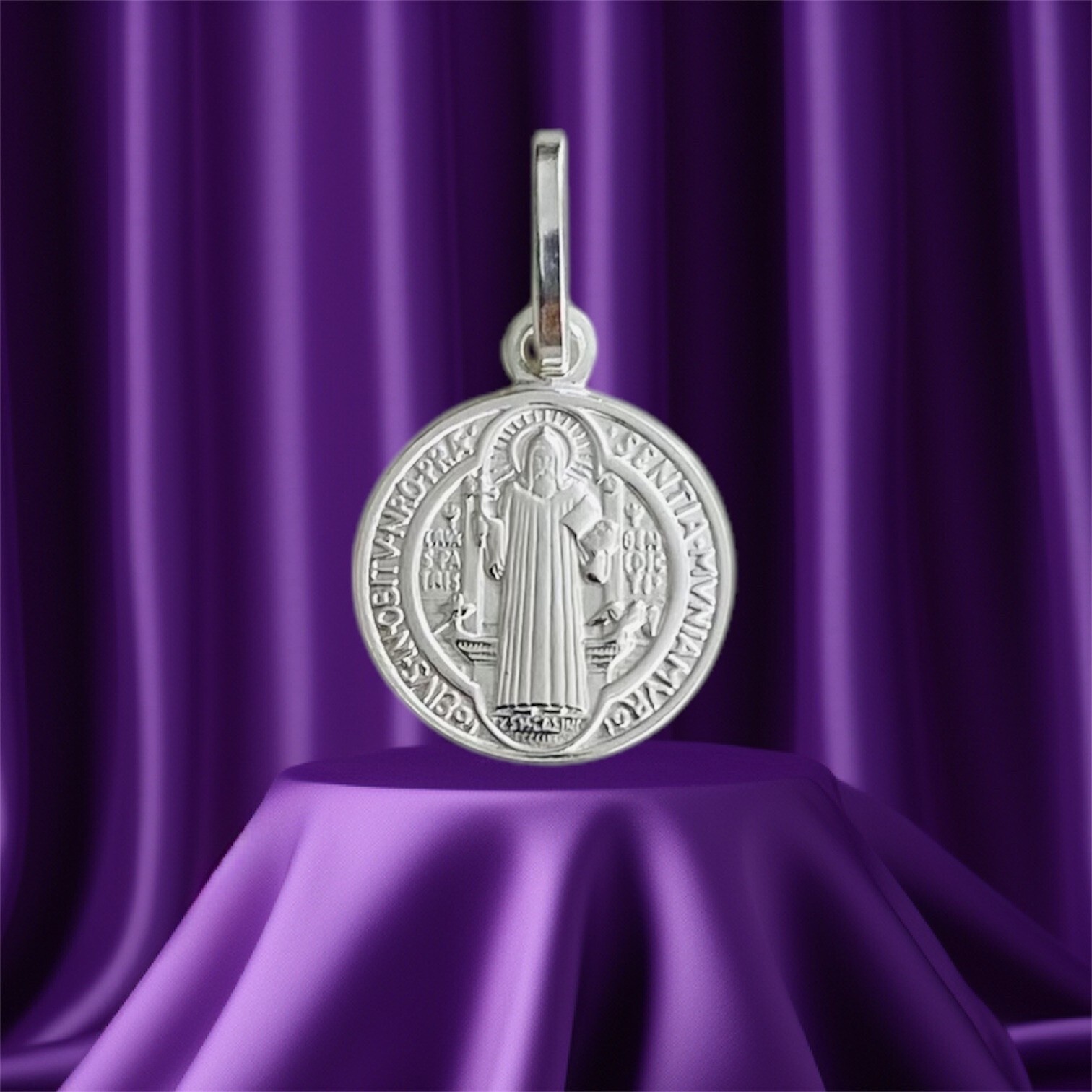 925 Sterling Silver Saint Benedict Pendant Necklace, 12mm Medal San Benito- N60