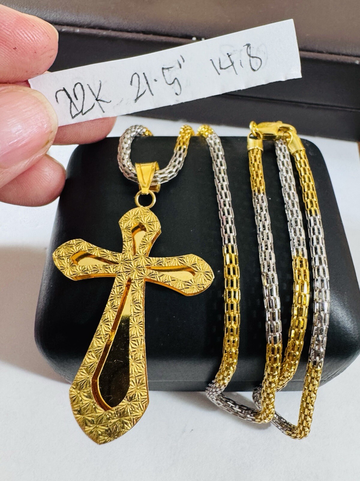22C 22K 916 Fine Real Gold 21.5”/22” Long Cross Necklace 14.8g 3mm Mens-Womens