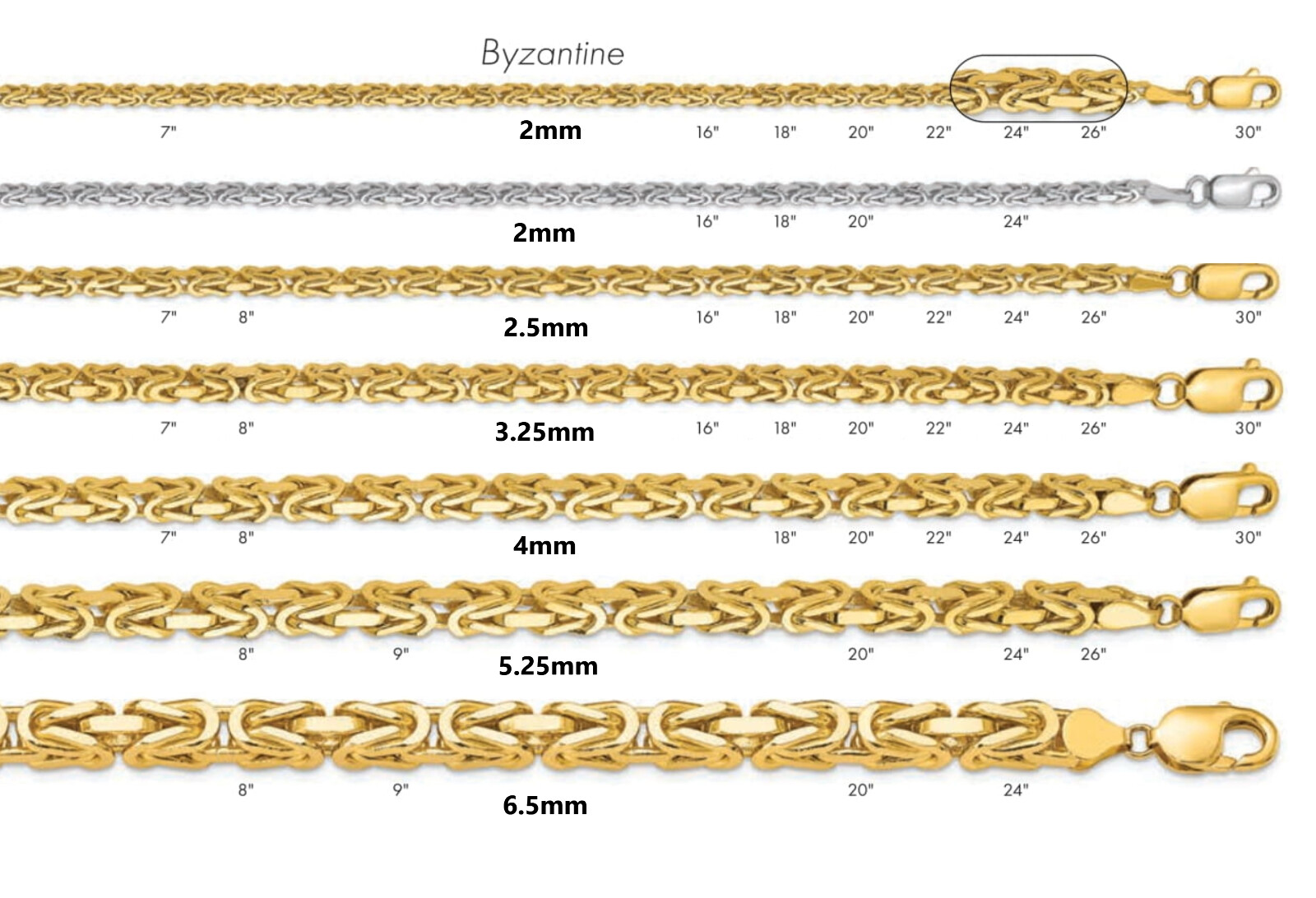 Byzantine Chain Necklaces – Solid 14K Yellow Gold and White Gold – 7″- 30″