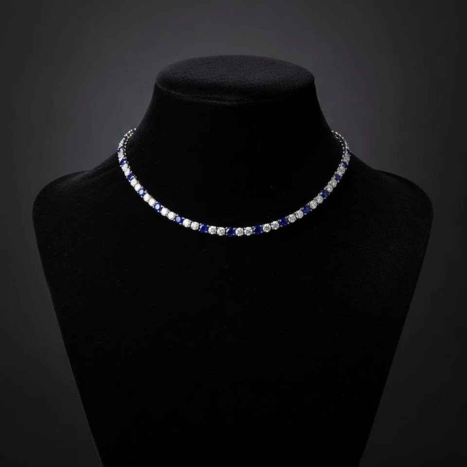 18TCW Round Lab Created Sapphire & Diamond Tennis Necklace 925 Sterling Silver