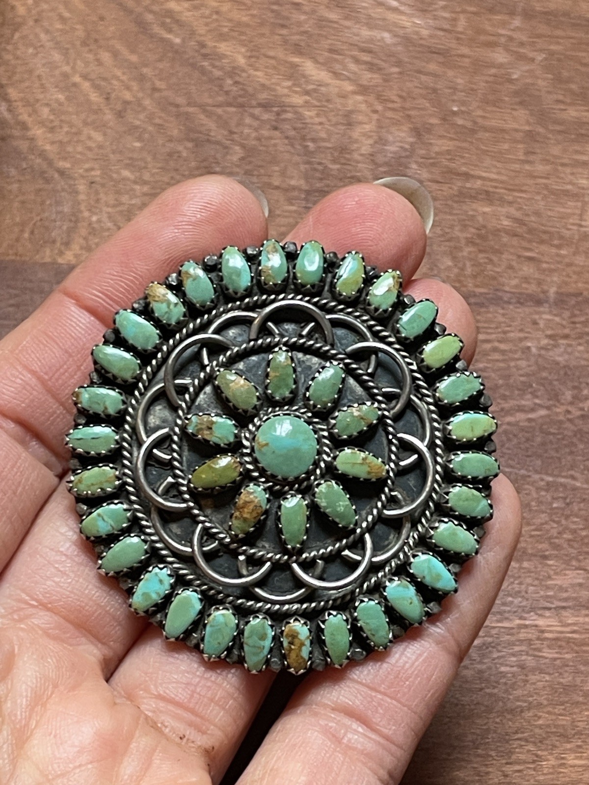 Vintage Navajo Larry Moses Begay LMB Sterling Silver Green Turquoise Pendant Pin