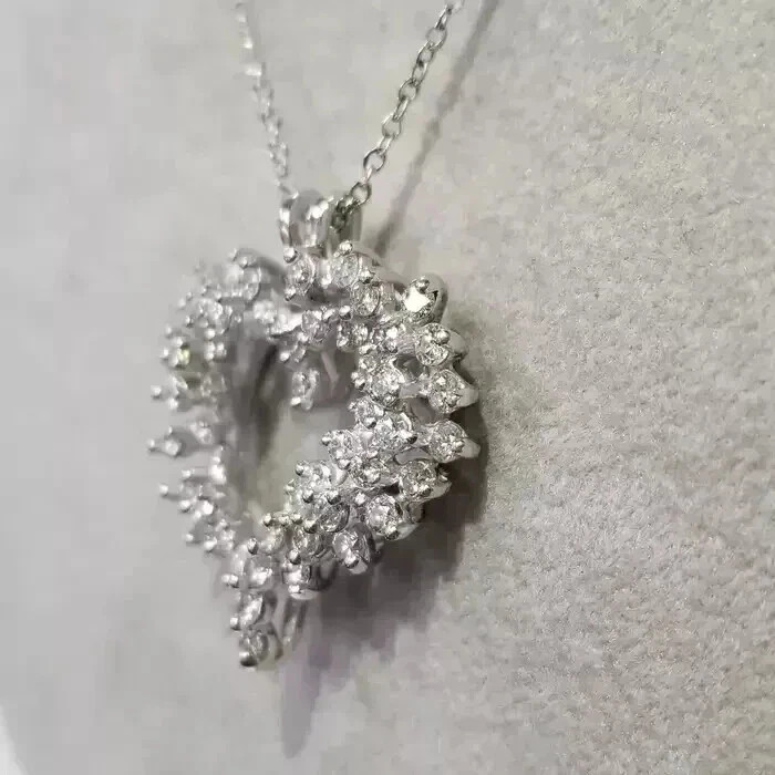 2 Ct Round Cut Real Moissanite Cluster Heart Pendant 14K White Gold Plated