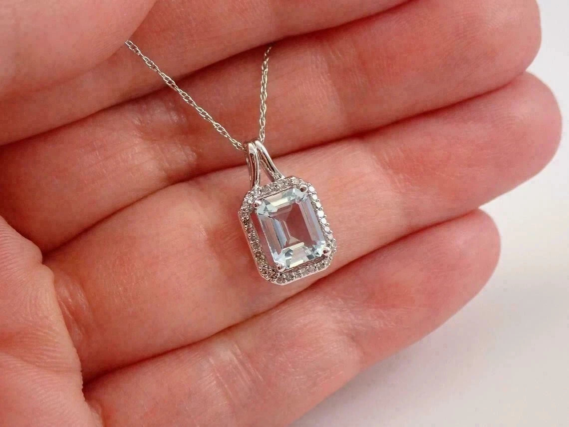 3Ct Lab Created Emerald Aquamarine Halo Pendant White Gold Plated Silver Chain