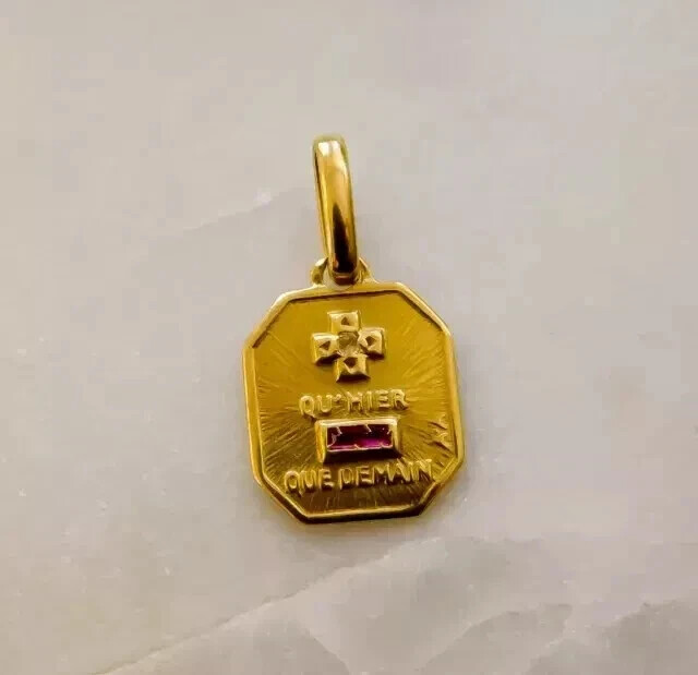 French Medal Love Augis Shield Pendant 14k Yellow Gold Plated Lab Created Ruby