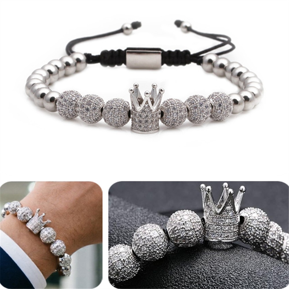 Silver Adjustable Beaded Bracelet Luxury Imperial Crown Men Fashion Jewelry Gift