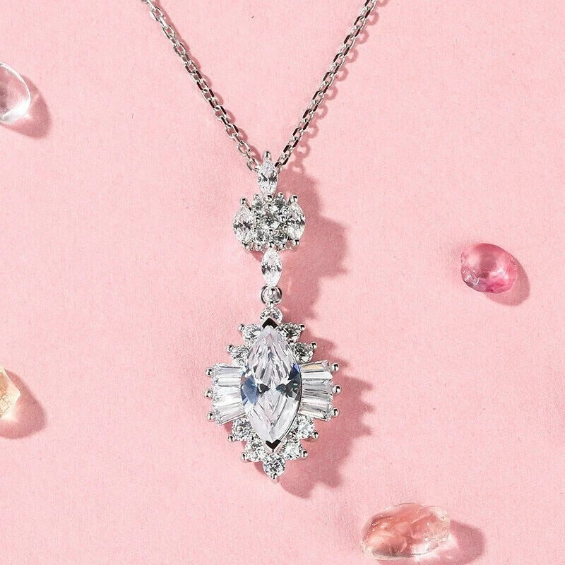 2Ct Marquise Cut Diamond Halo Pendant 14K White Gold Finish Free 18″ Chain