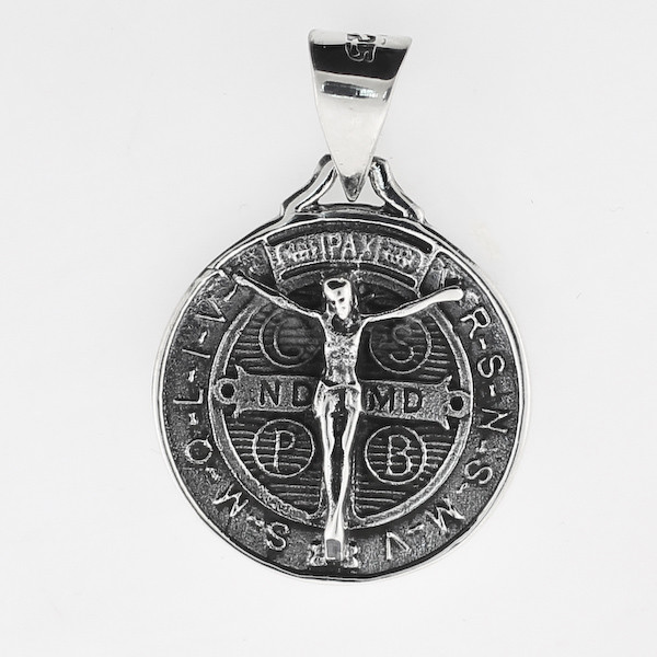 St. Benedict & Crucifix Pendant Sterling Silver Medium Size Pendant, 2 side 24mm