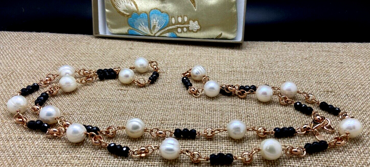 HONORA WHITE PEARL & BLACK BEAD NECKLACE BRONZE MILOR ITALY NEW IN BOX