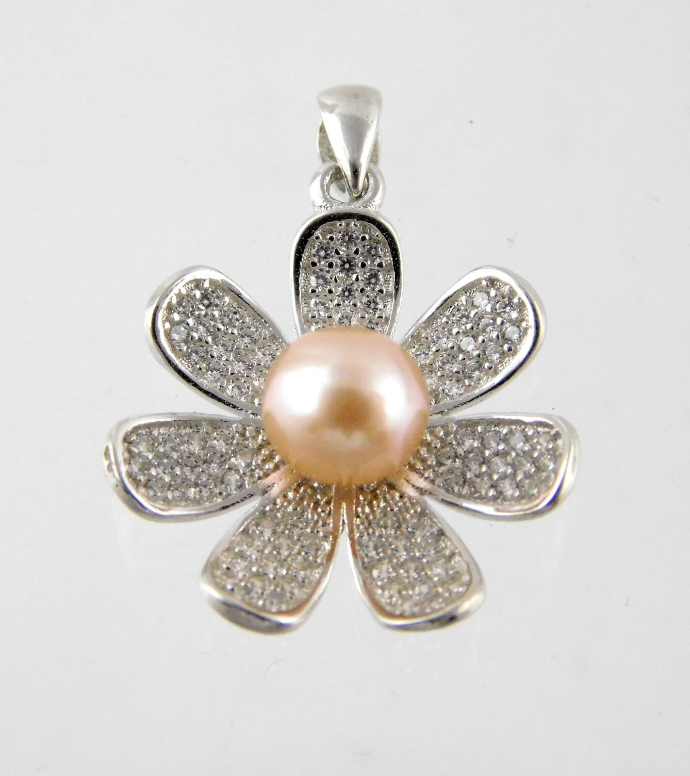 Sterling Silver Light Orange Cream Pearl and White CZ Flower Pendant S 925