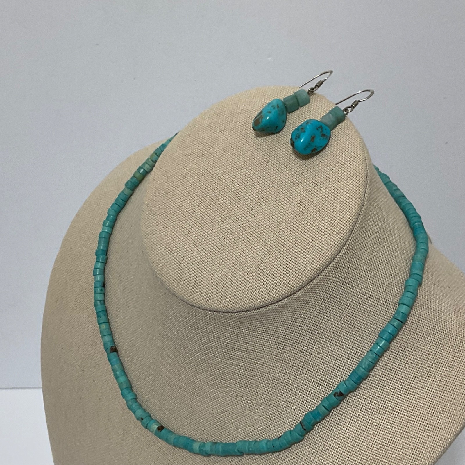 Artisan Turquoise Heishi Bead Collar Necklace Sterling Silver Gift Earrings 925