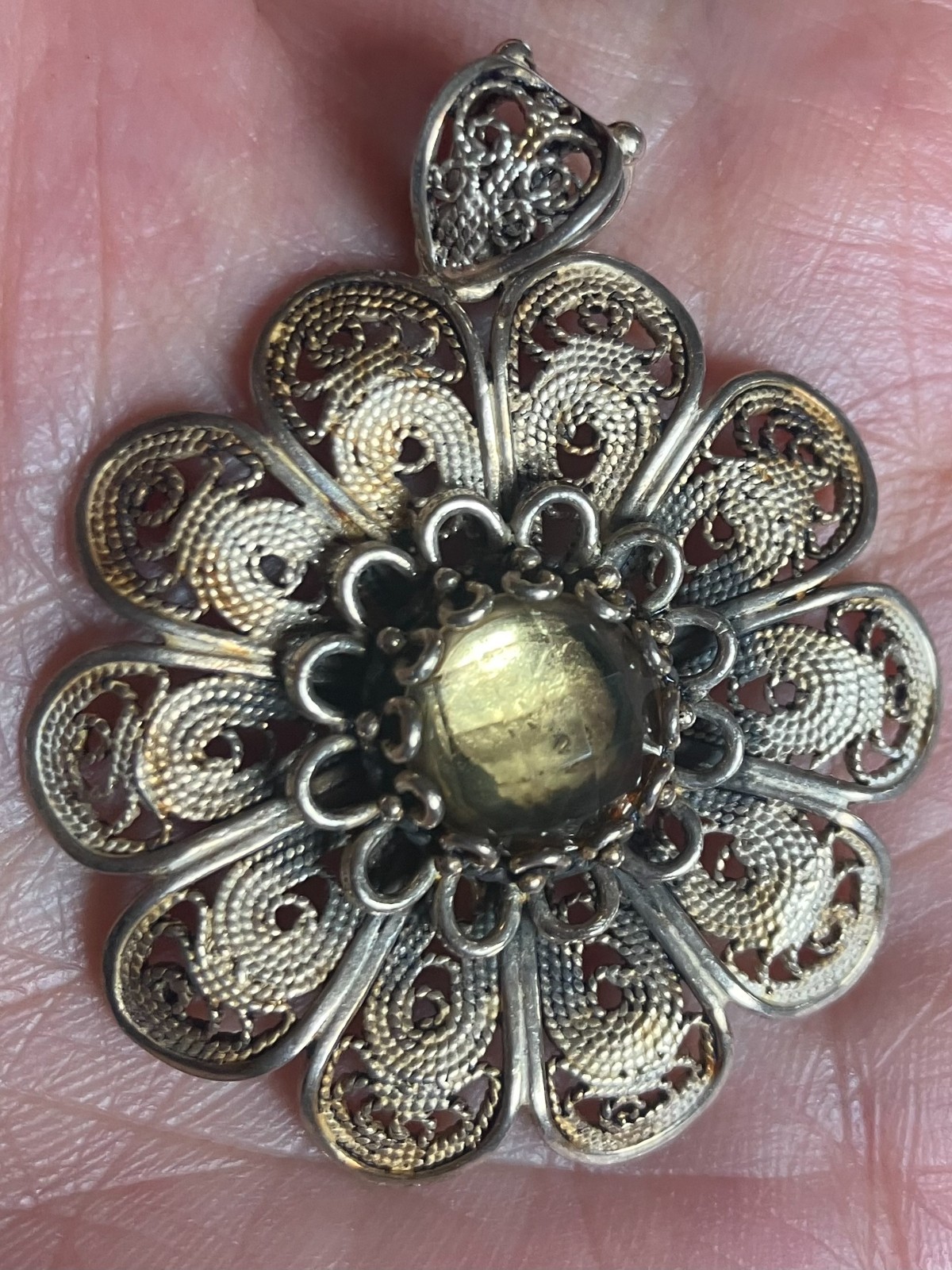 DGS FILIGREE CITRINE DAISY FLOWER FLORAL STERLING SILVER PENDANT TURKEY MG
