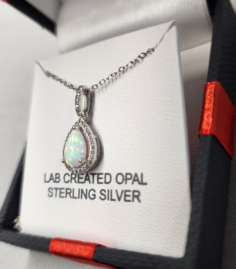 Yes, Please! Lab Created White Opal Pear Pendant Necklace 18″ Sterling Silver