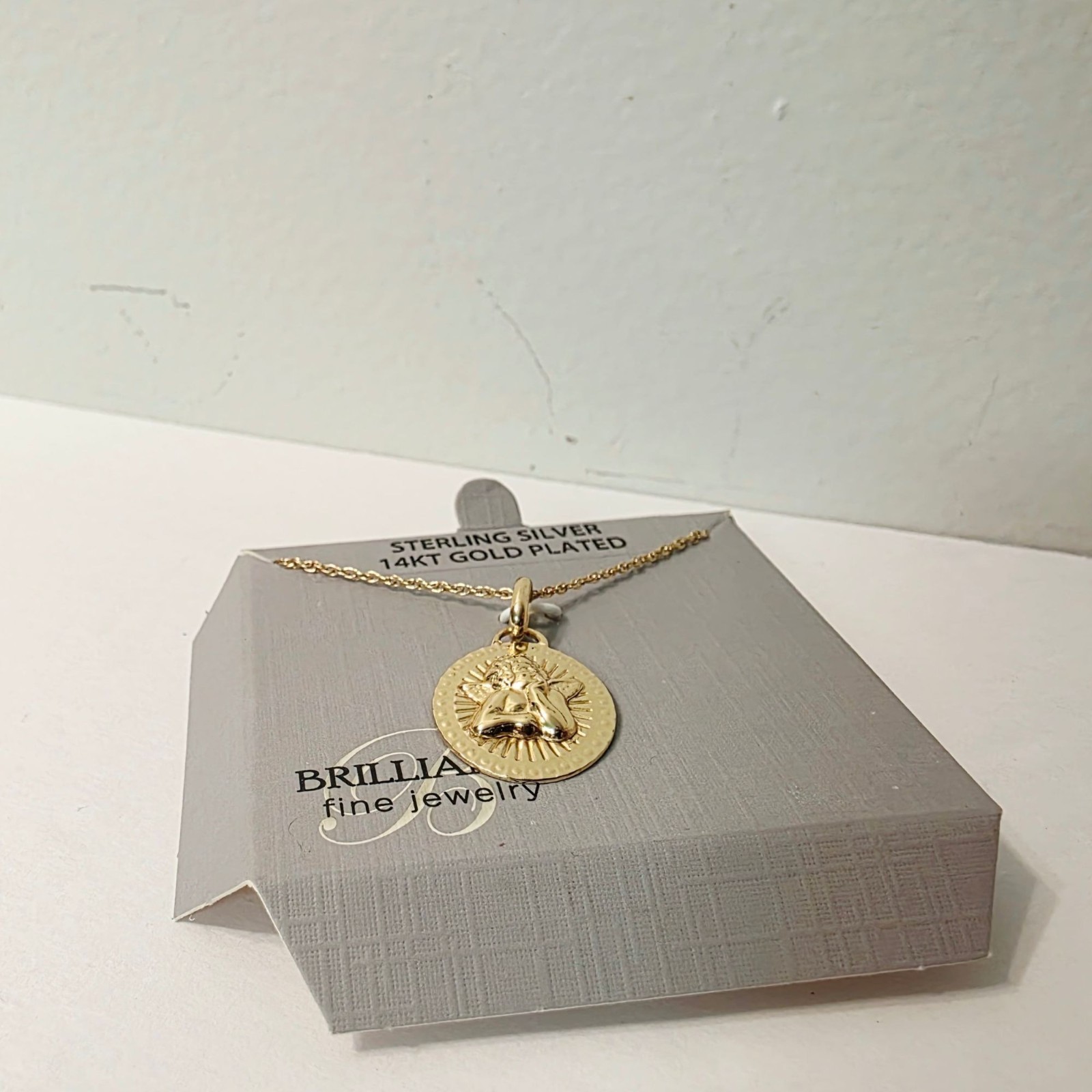 14K Gold Plated Sterling Silver My Guardian Angel Cherub Round Charm Necklace