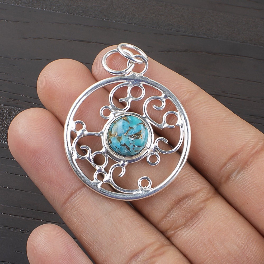 Blue Copper Turquoise Stone Sterling Silver New Birthday Handmade Wife Pendant