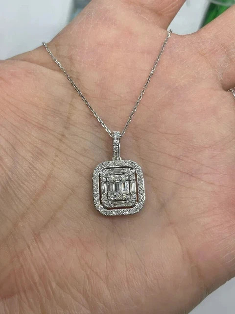 Real Moissanite 2.5Ct Baguette Cut Cluster Pendant 14K White Gold Plated Silver