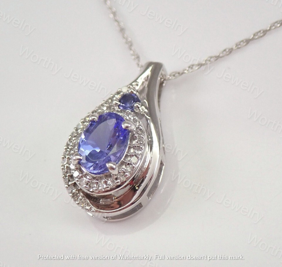2.00Ct Oval Cut Lab Created Tanzanite Halo Pendant 14K White Gold Silver Plated