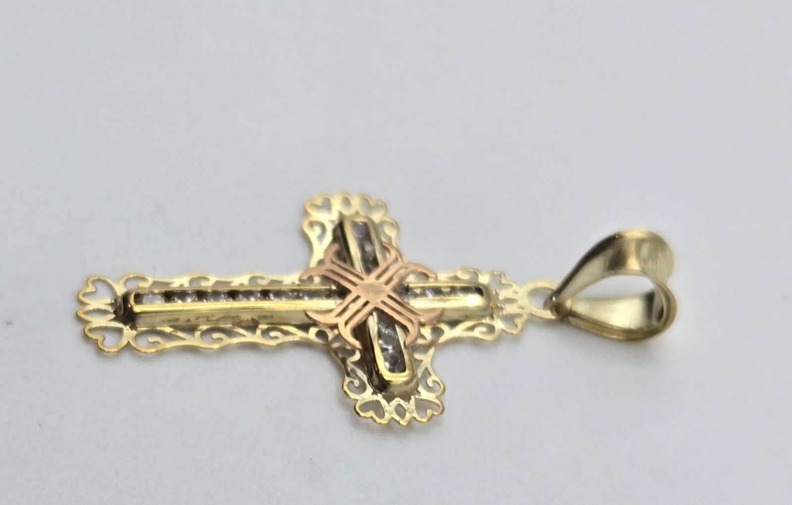 NEW Real 10K Yellow Gold 1in Cross Pendant, Pave CZ Stones, 3.5mm Bail