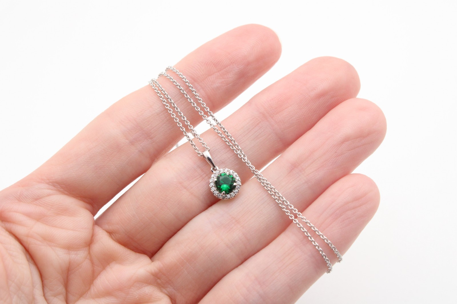 925 Sterling Silver KA1772 Sparkling Pave Green Stone Halo Chain Necklace