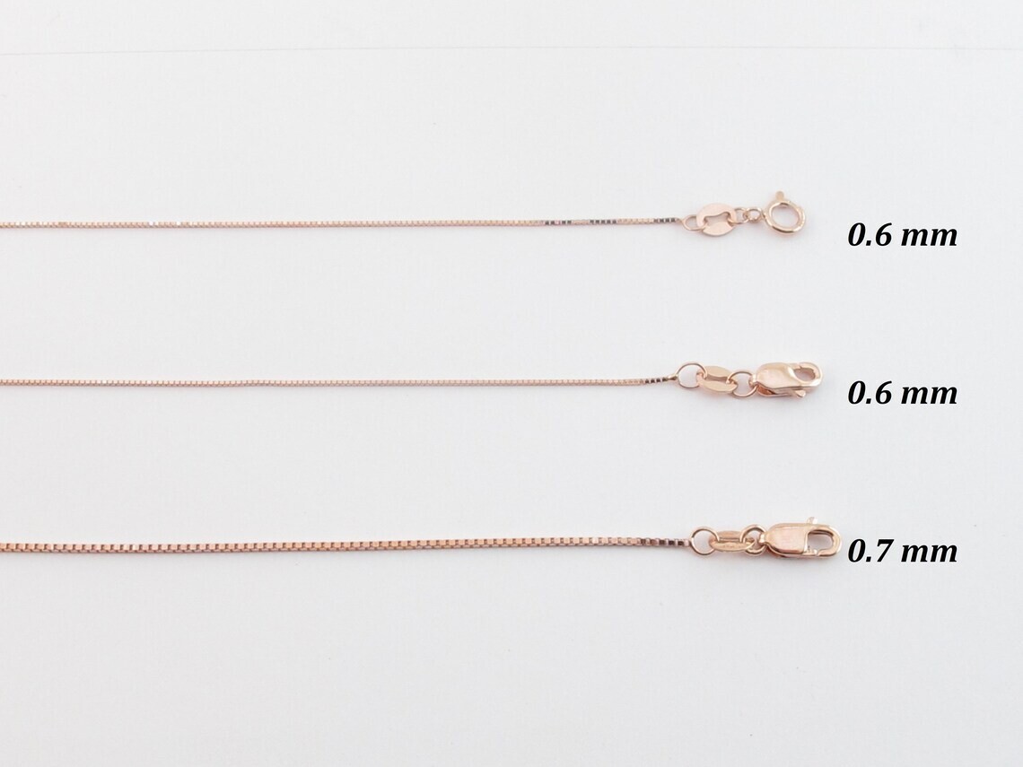 14k Solid Rose Gold Box Chain Necklace 16″ 18″ 20″ 24″ – 0.45 mm to 0.7 mm